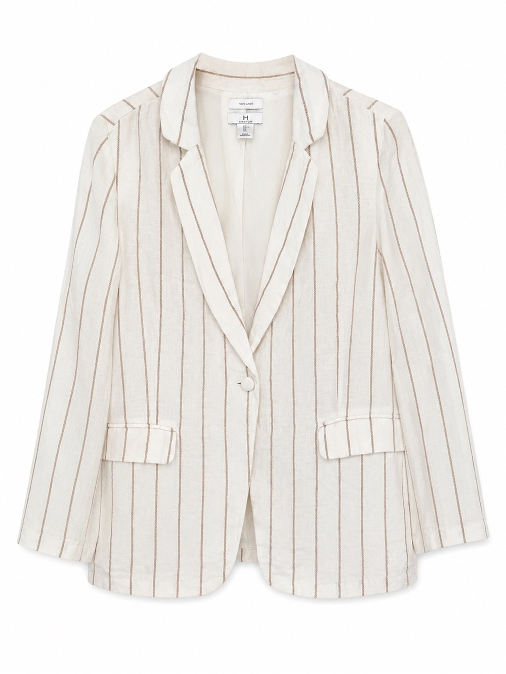 Halston 100% Linen Striped Blazer Women's Large Ivory Tan One Button Lightweight
